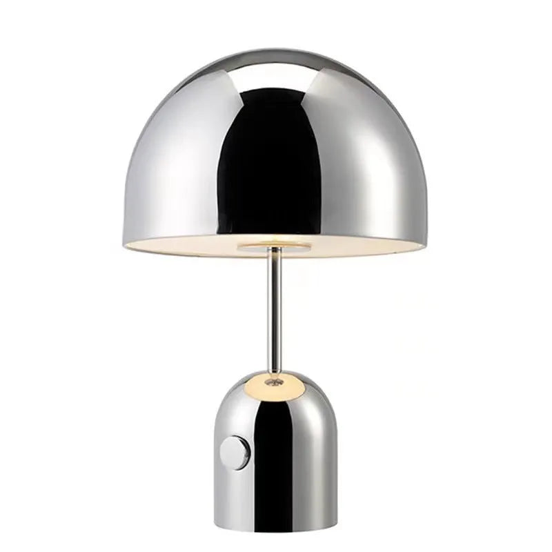 Mushroom-shaped table lamp with metal base in rose gold finish