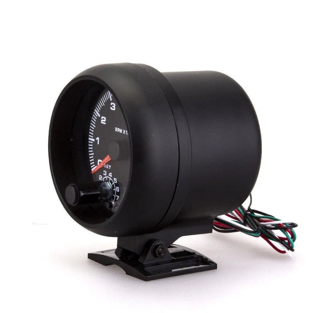 Black automotive tachometer with blue light pointer display for engine RPM measurement