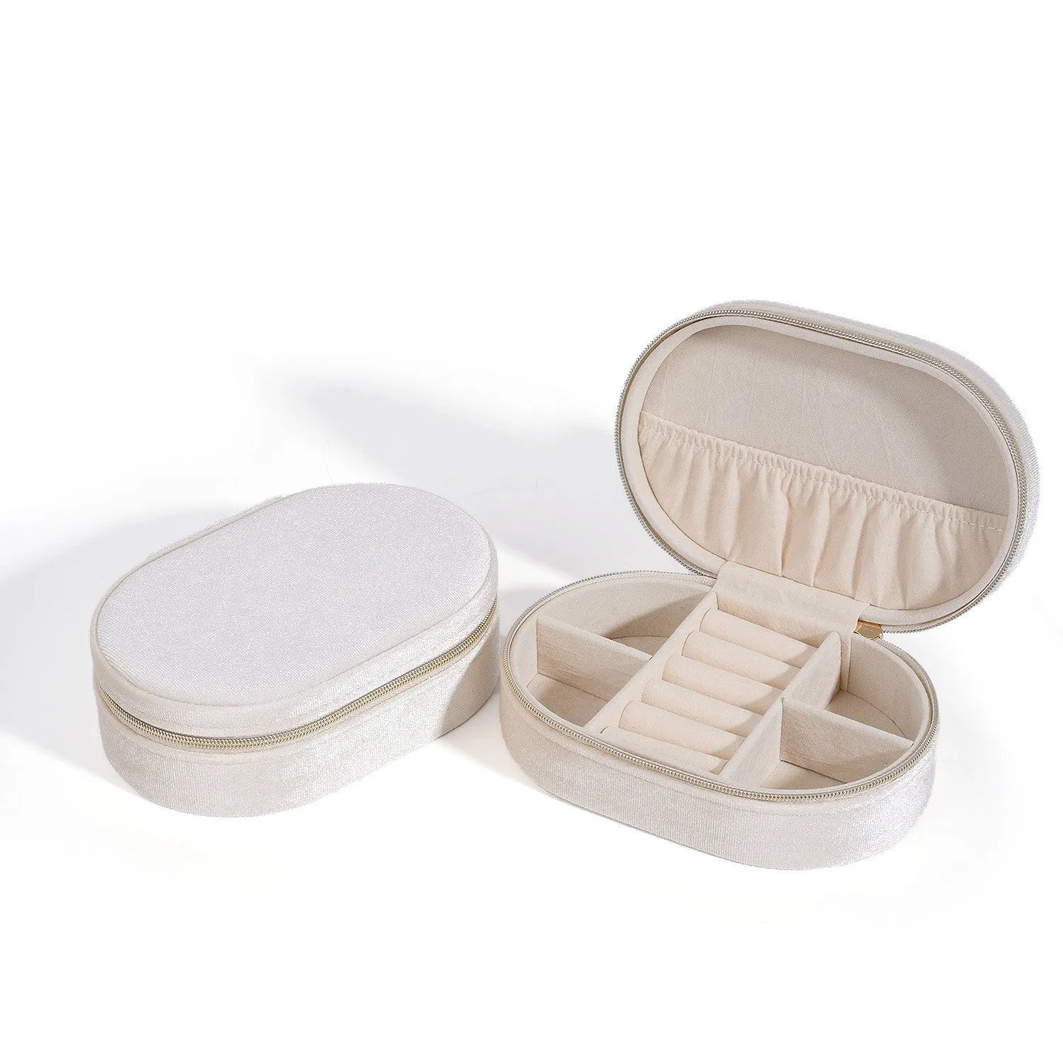 Oval velvet jewellery storage box with flannel lining in multiple colour options