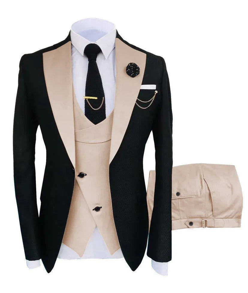 Men's slim fit three-piece business suit in black, shown with coat, vest, and trousers.