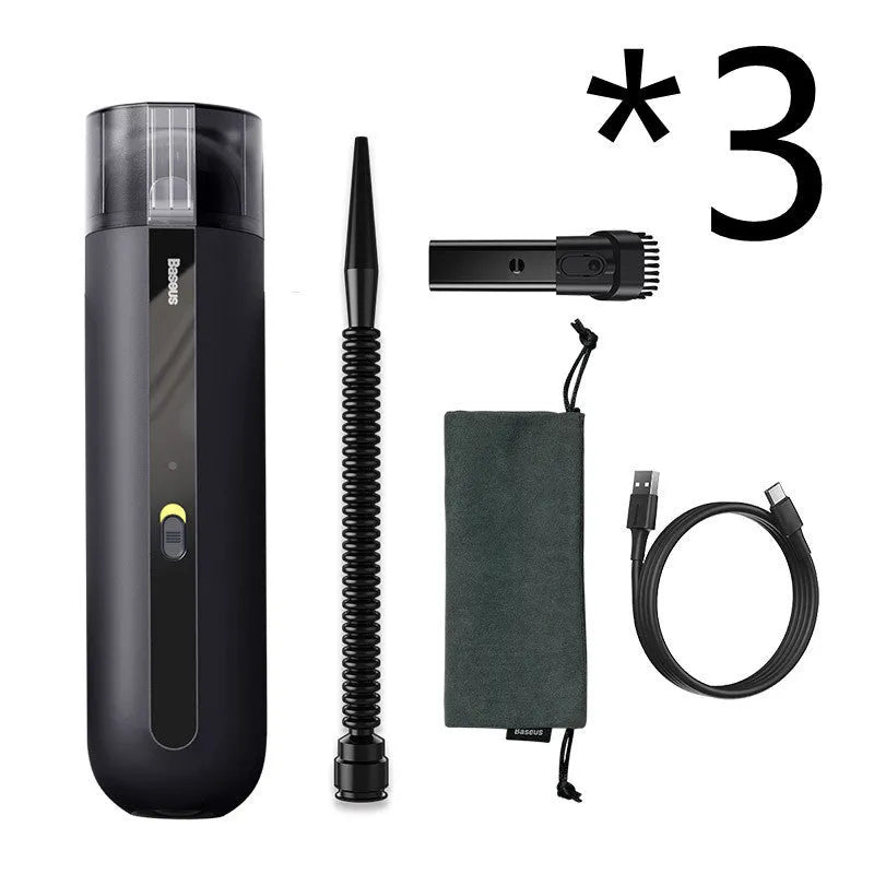 BASEUS wireless handheld car vacuum cleaner in black, white, or green with suction and blowing hose.