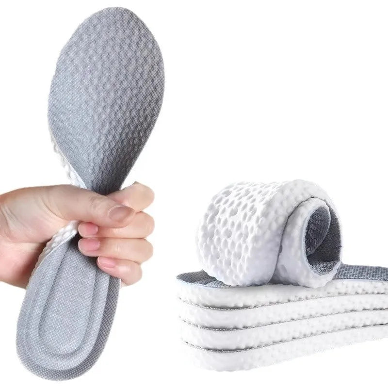 Grey, black, and orange breathable sports insoles made from soft PU, shown with size guide from 35 to 46.