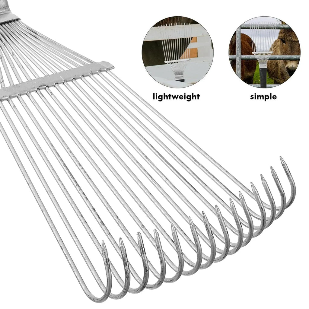 Black stainless steel dematting brush rake comb for pet and horse grooming, 33cm long.