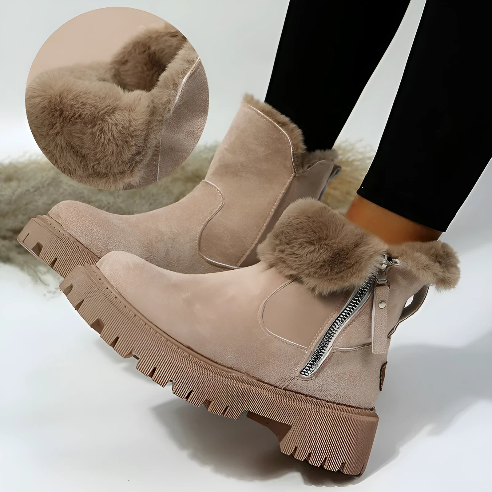 Black women's high-top snow boots with side zipper, faux suede upper, and non-slip rubber sole.