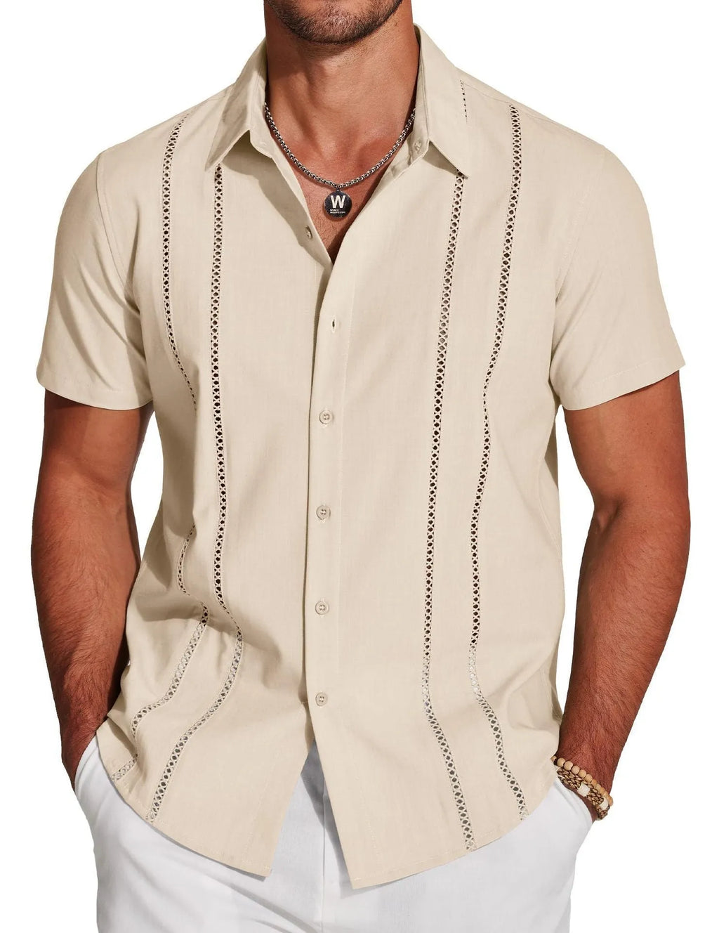 Men's slim fit short sleeve Hawaiian shirt with digital print pattern.