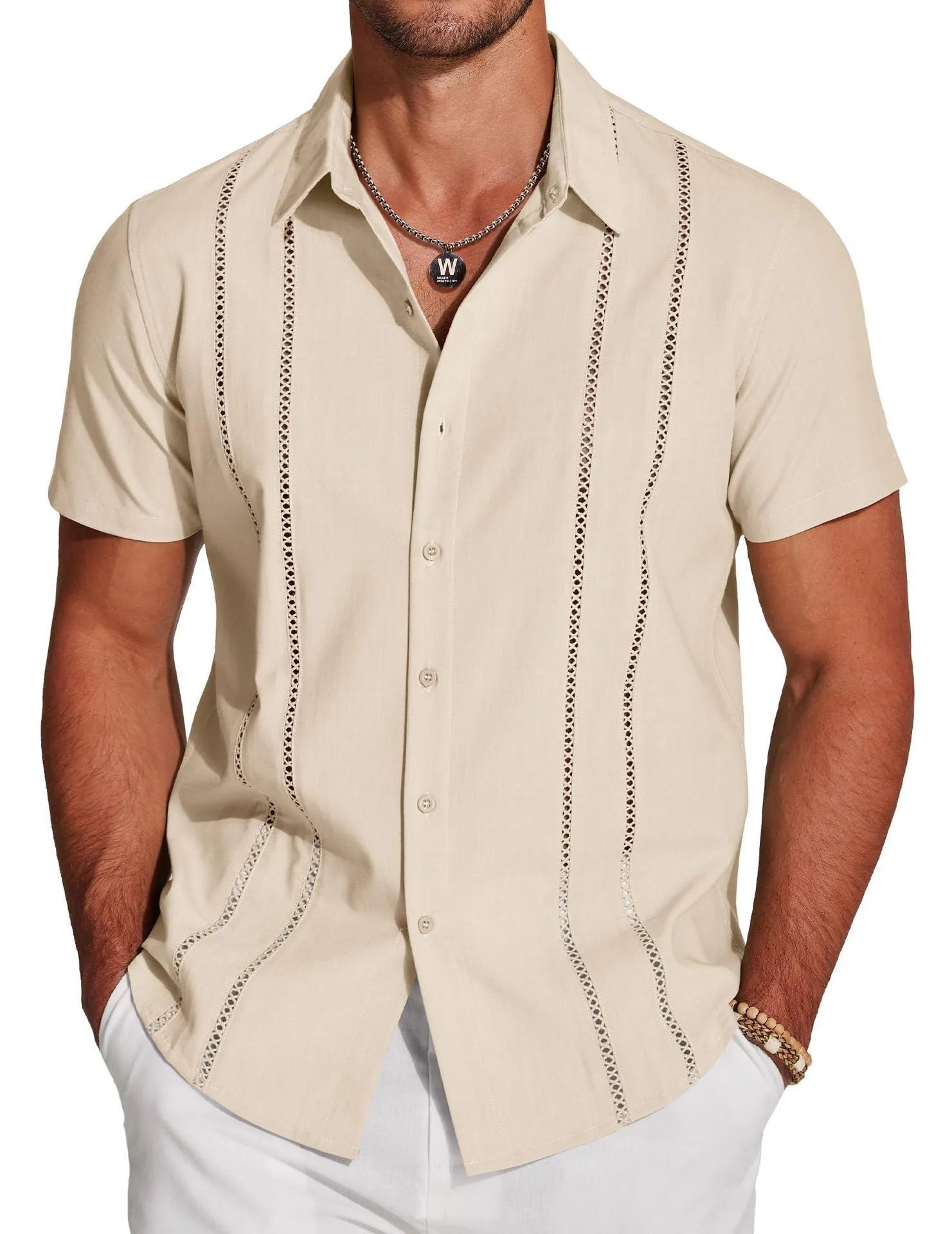 Men's slim fit short sleeve Hawaiian shirt with digital print pattern.