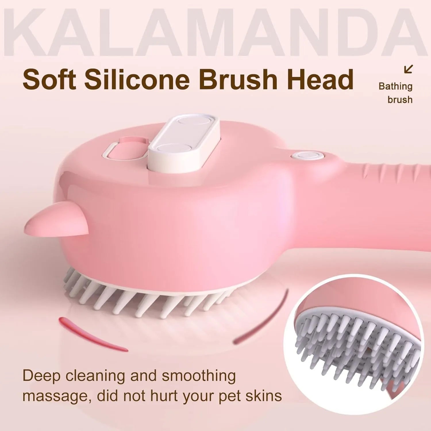 Cat ear-shaped steam brush with soft rubber bristles and release button in blue colour