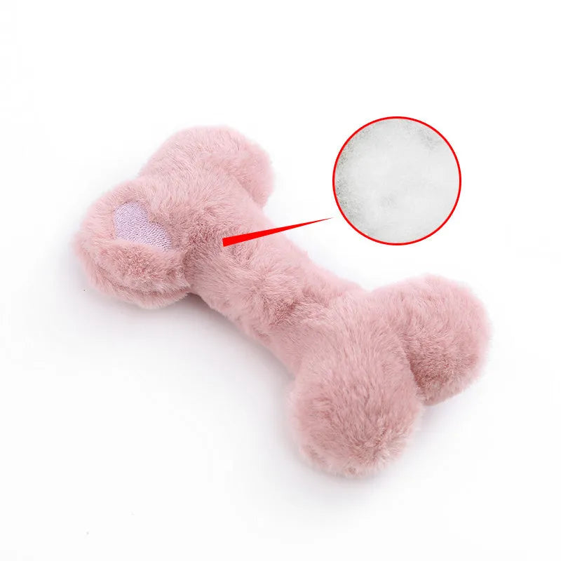 Blue plush love bone dog toy with a squeaker, shown next to pink and yellow versions.