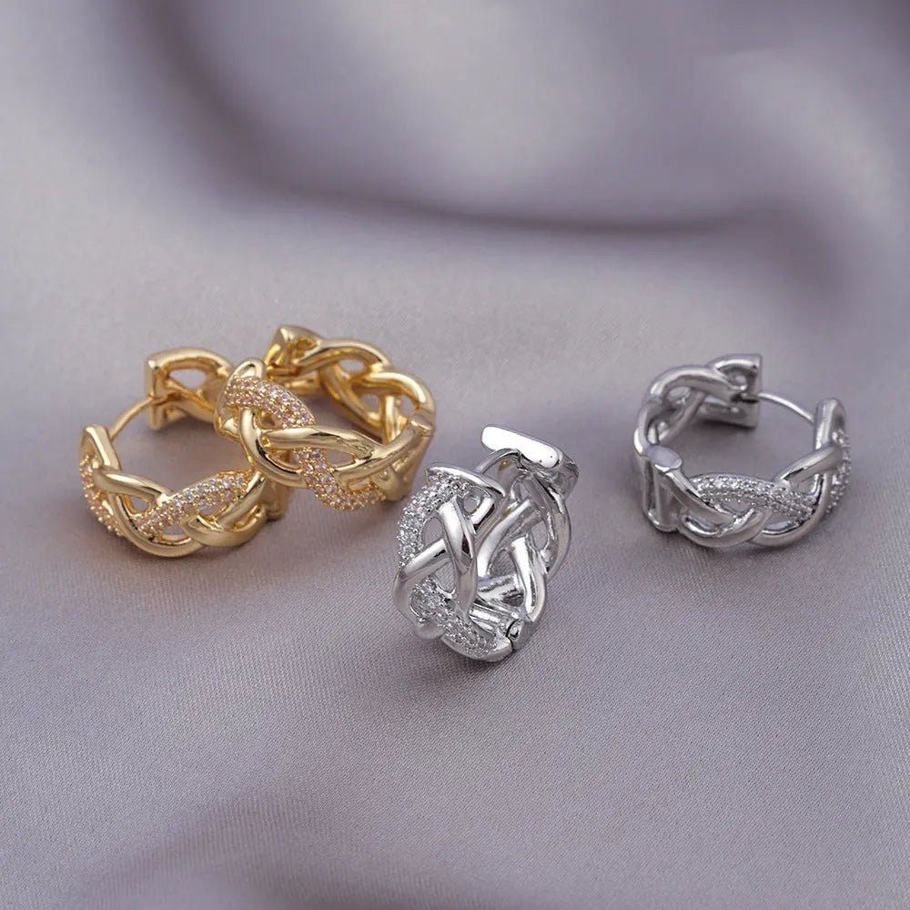 Gold-plated micro zircon stud earrings with woven twisted copper geometry design