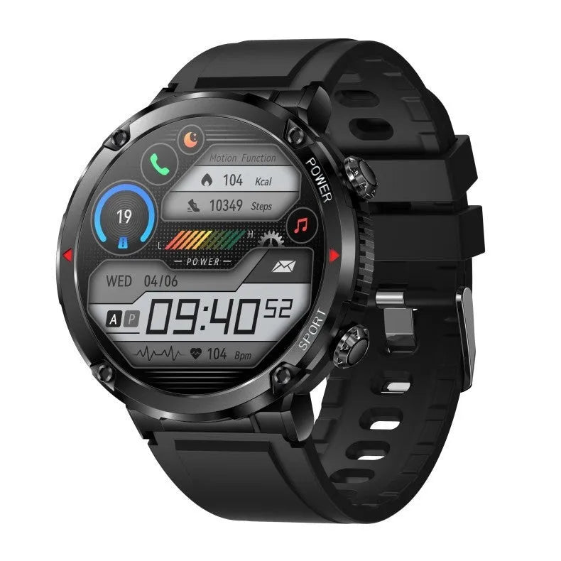 T30 Smart Watch with black silicone strap showing time display on 52mm screen.
