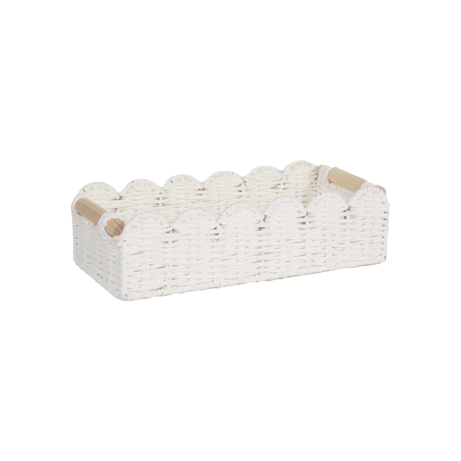 Woven paper storage basket measuring 35.5cm x 16cm x 10cm in khaki colour on desktop