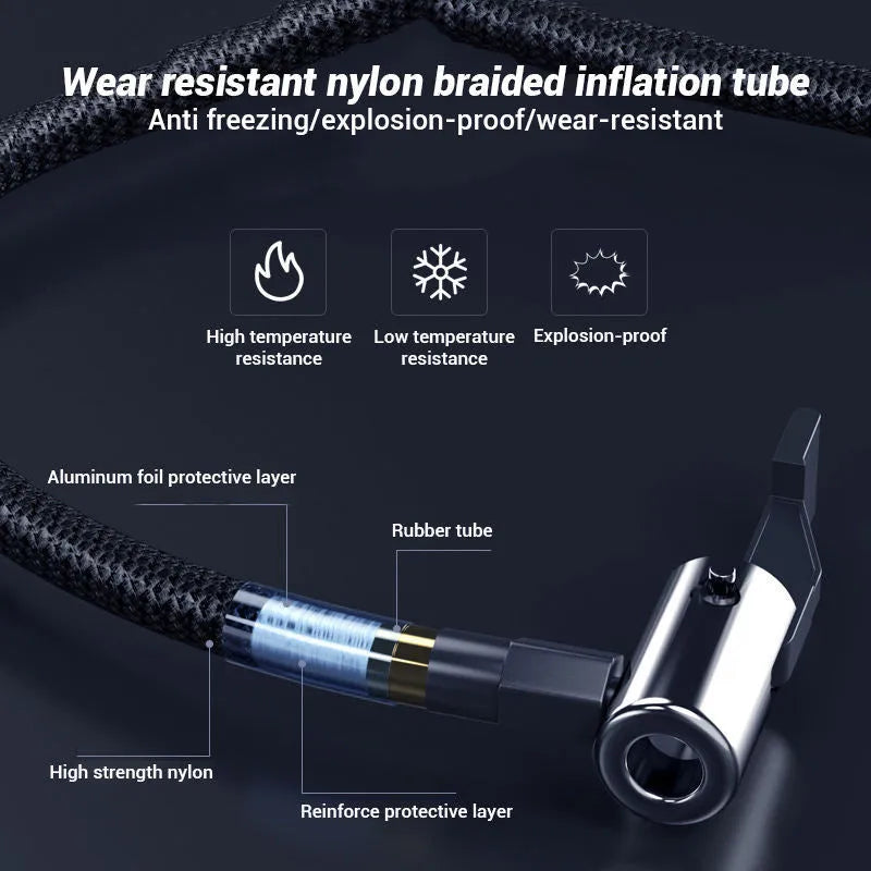 Small black wireless digital tyre inflator pump with a screen, showing 140psi max pressure