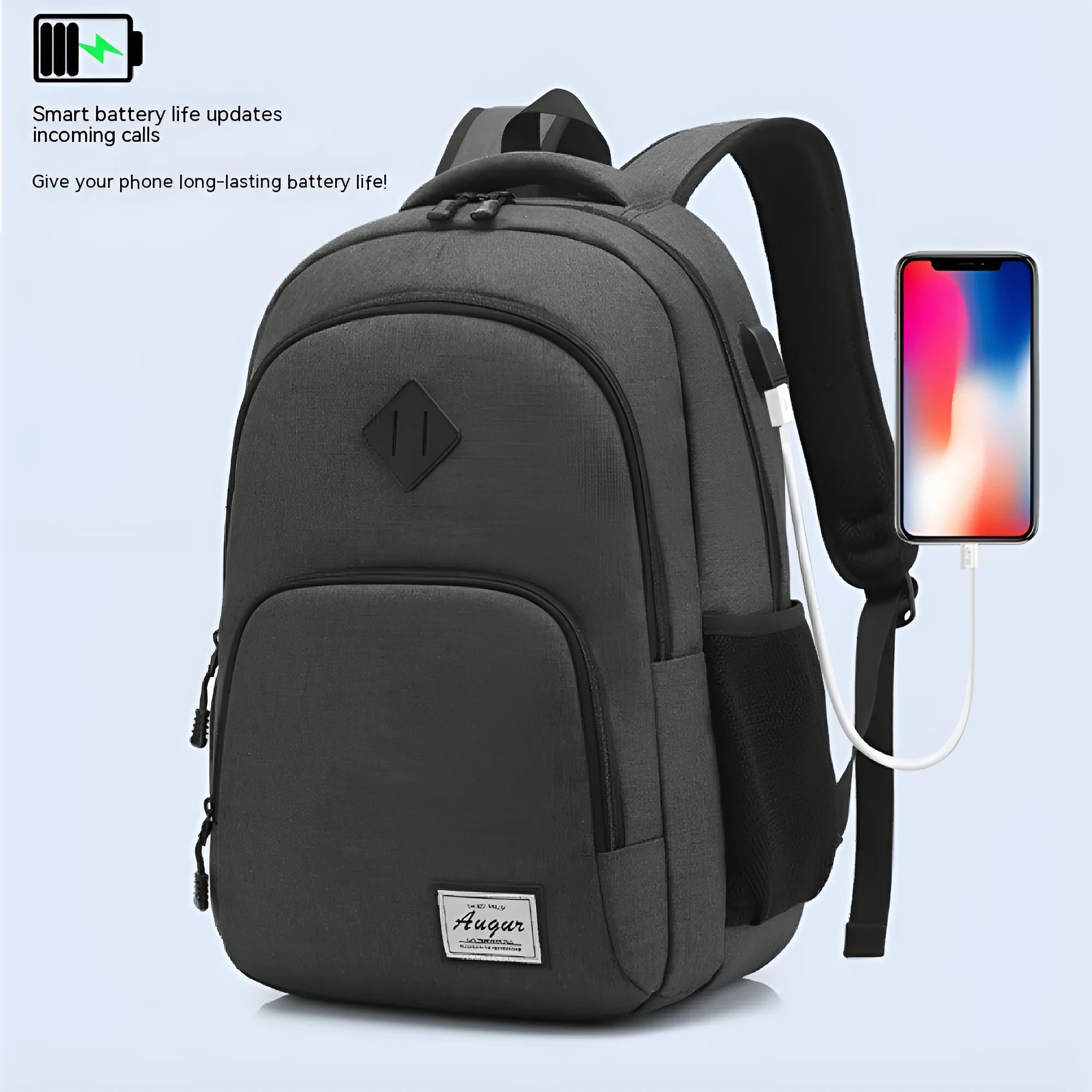 Grey and black lightweight backpack with USB charging port and trolley case attachment strap.