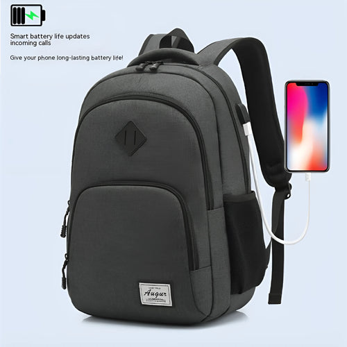Grey and black lightweight backpack with USB charging port and trolley case attachment strap.