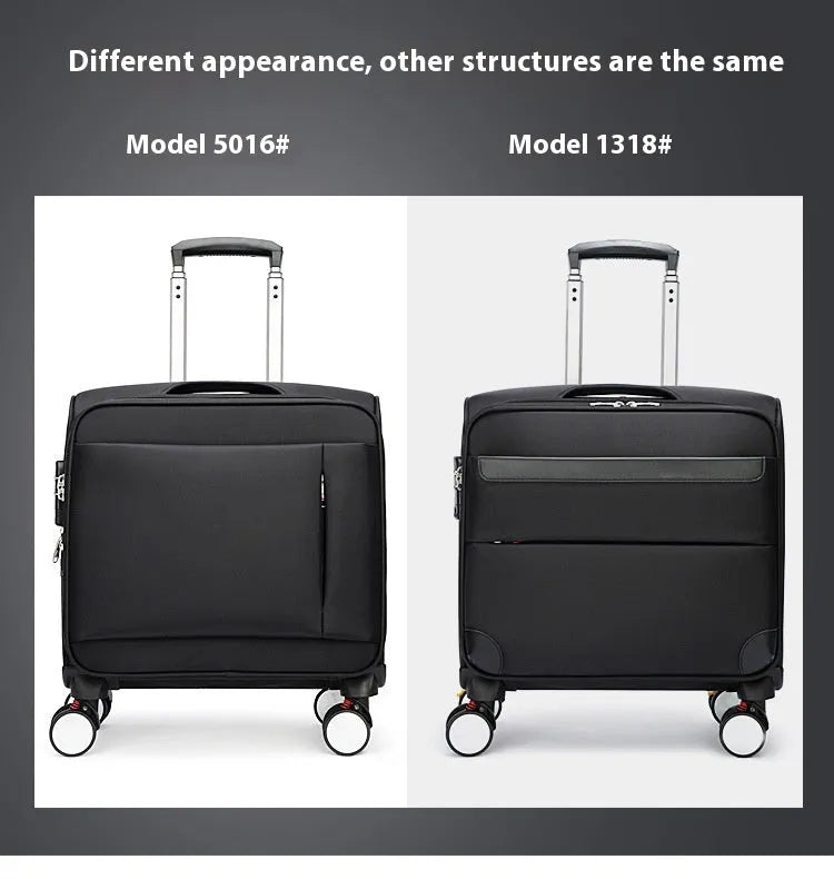 18-inch black business luggage with Oxford cloth construction and universal wheels