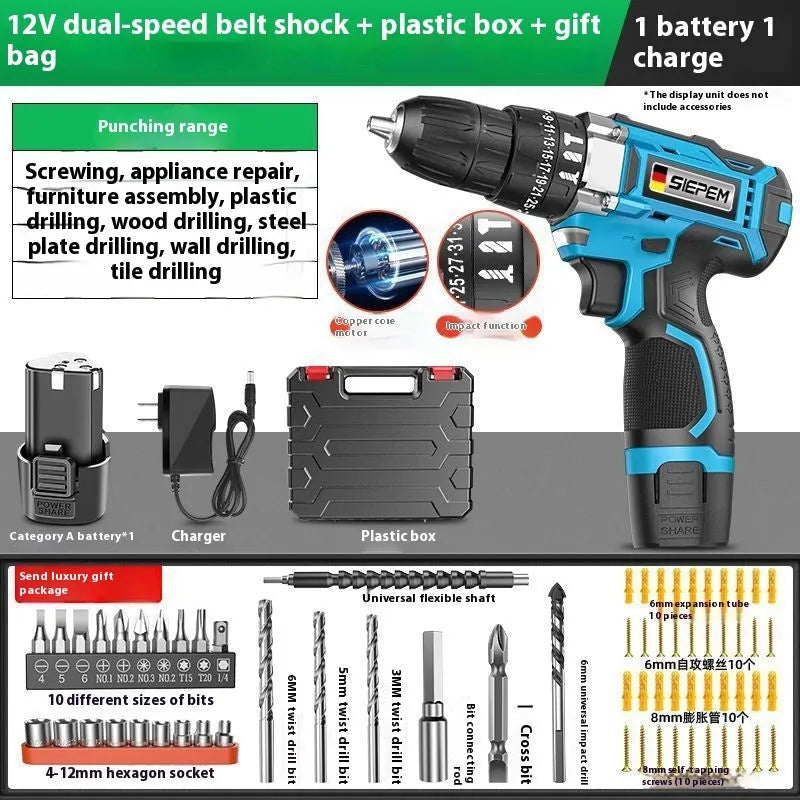 12V dual-speed pistol grip impact drill and electric screwdriver set in a plastic storage case.