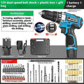 12V dual-speed pistol grip impact drill and electric screwdriver set in a plastic storage case.