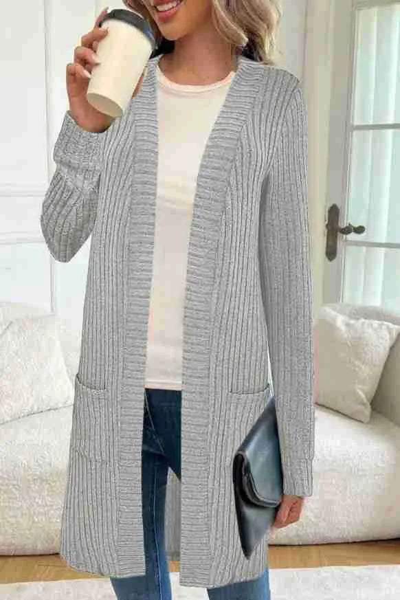 Long sleeve loose fit knitted cardigan jacket in black, wine red, or grey with pockets
