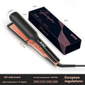 White hair straightener with digital temperature display, ceramic plates, and a fixed EU power cable.