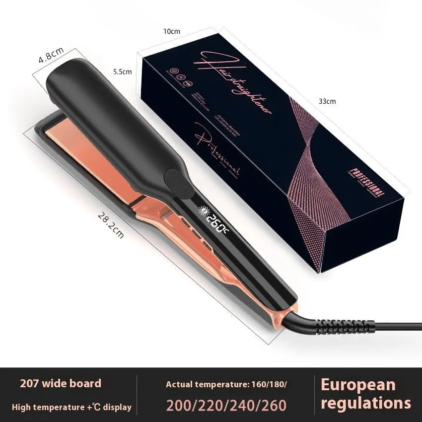 White hair straightener with digital temperature display, ceramic plates, and a fixed EU power cable.