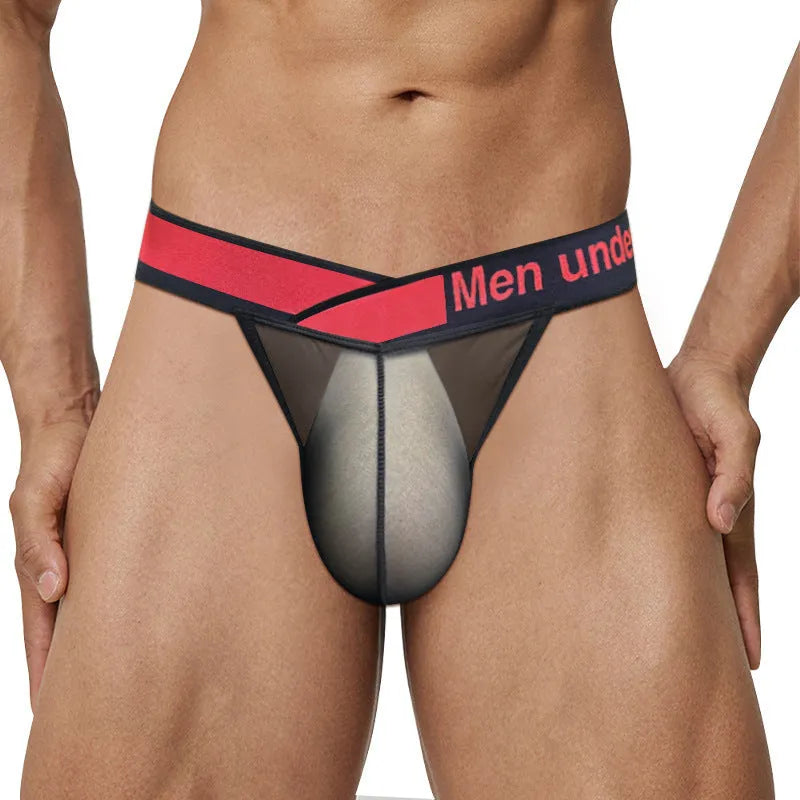Men's transparent ice silk briefs with large V gradient high fork design in red, black and white colours
