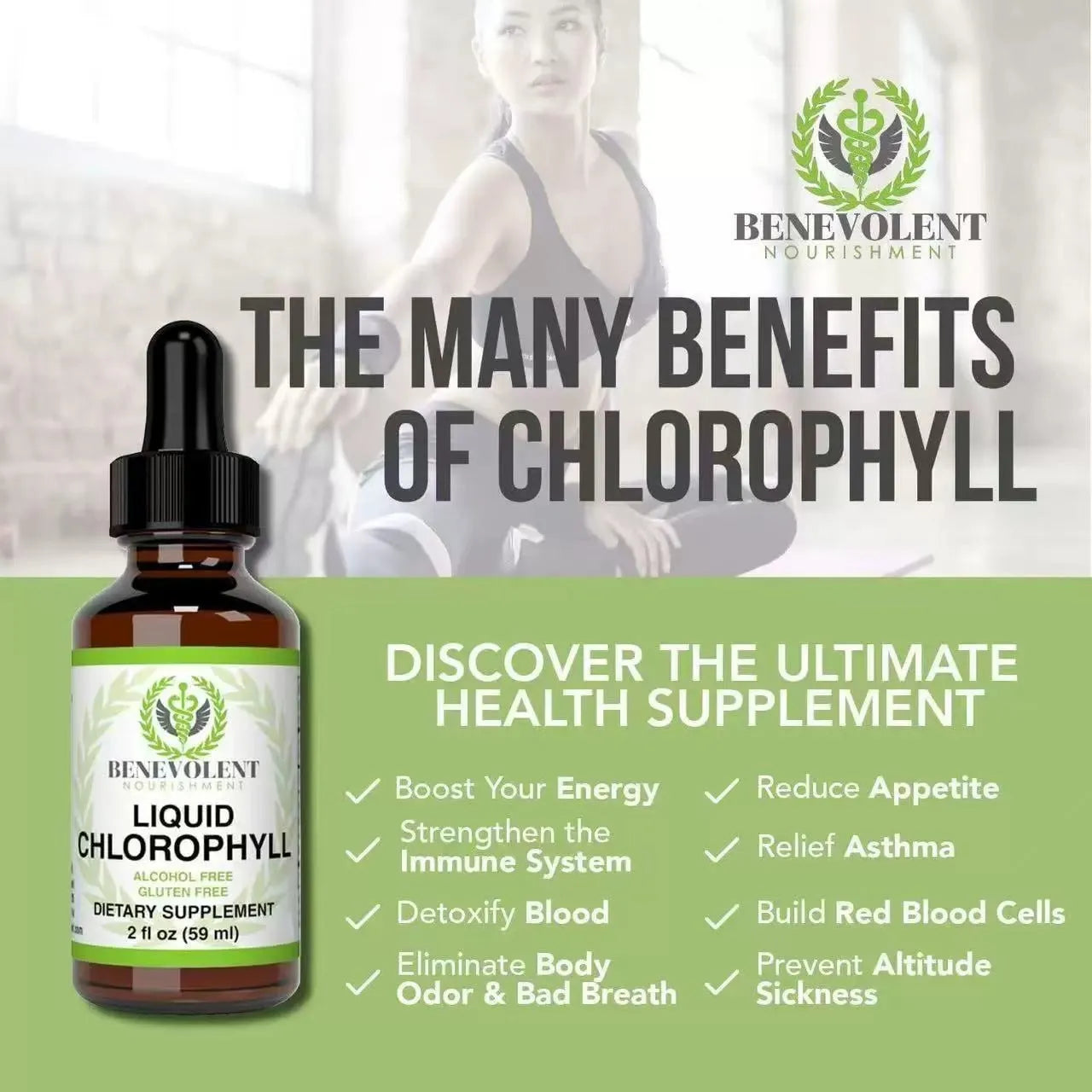 A 60ml glass bottle of green liquid chlorophyll drops with a black dropper for adult dietary supplement use.