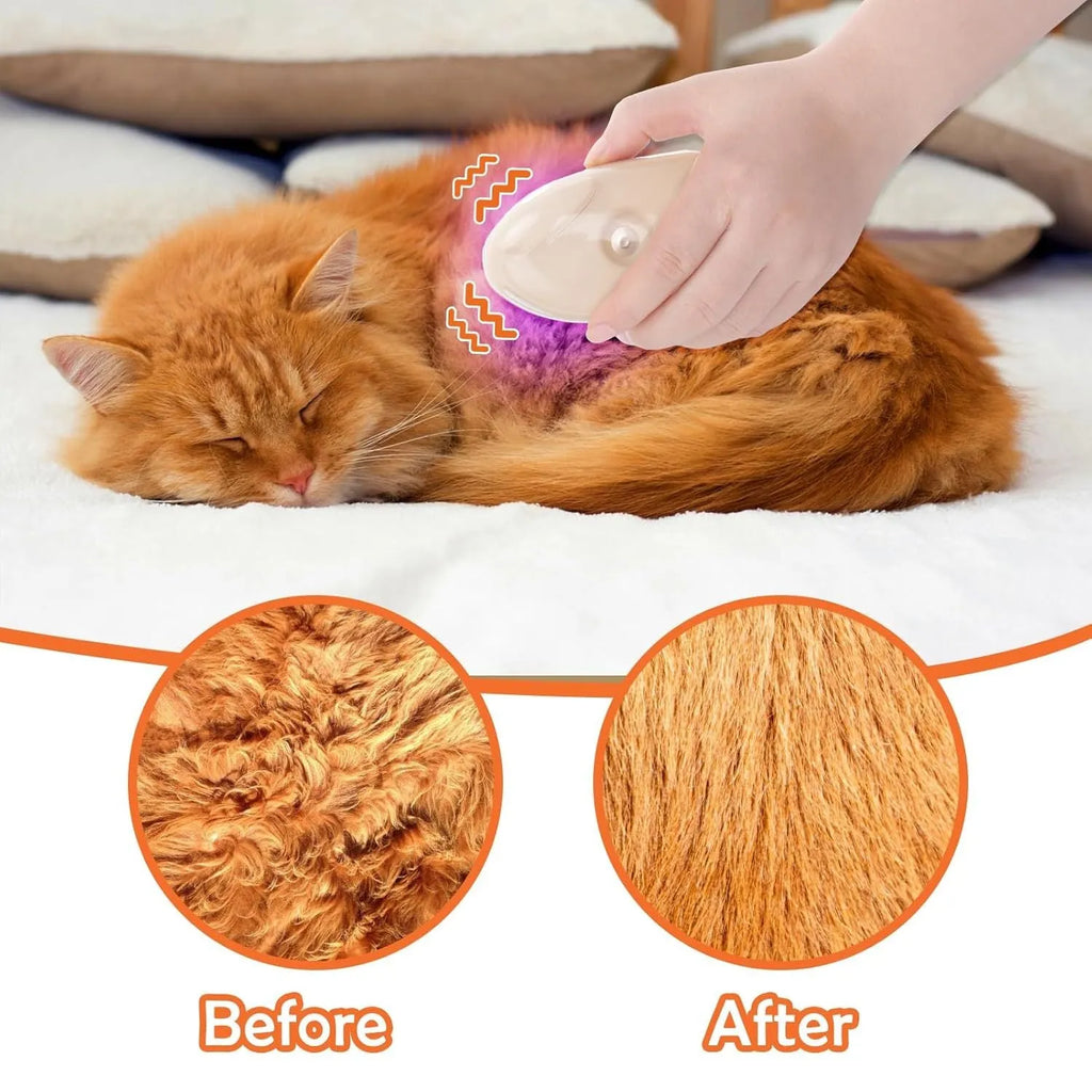 Yellow 4-in-1 cat steam brush with silicone teeth, USB charging port, water tank, and UV lamp for pet grooming.