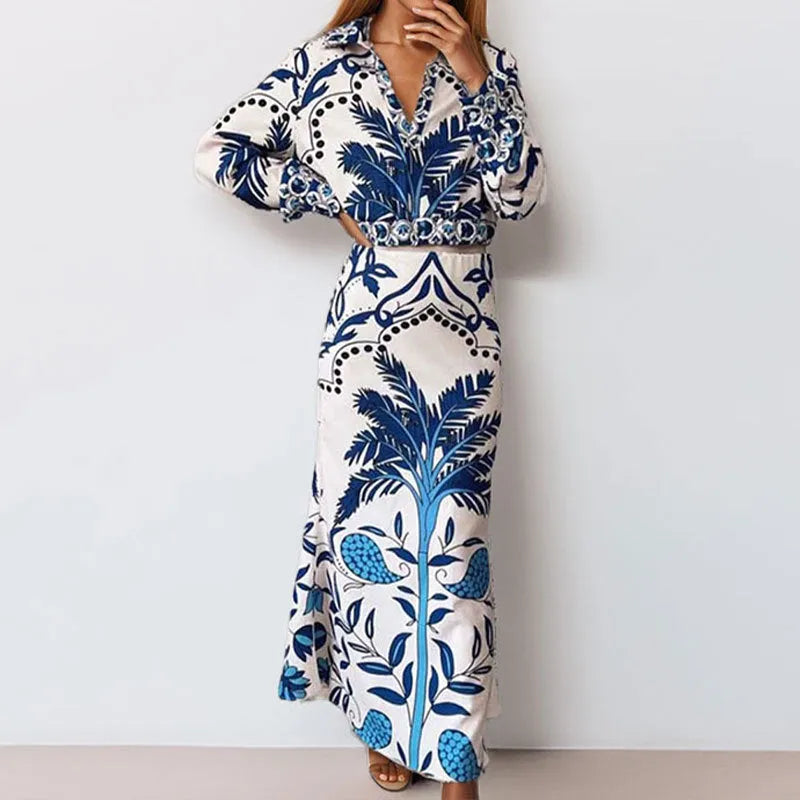 Women's casual polyester two-piece outfit set with long sleeves and matching skirt in picture colour