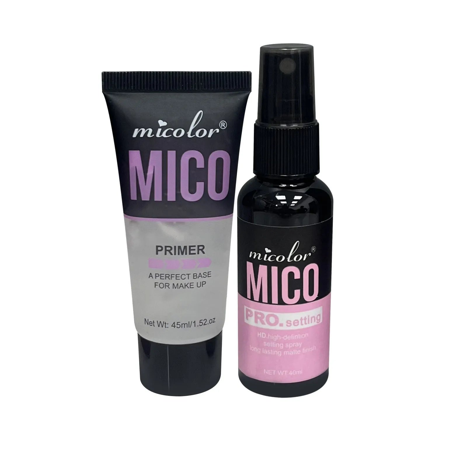 Two-in-one makeup primer and finishing spray set with 45ml lotion and 40ml spray in monochrome packaging
