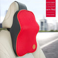 Memory foam car headrest pillow and lumbar support cushion set in various colours on a car seat.