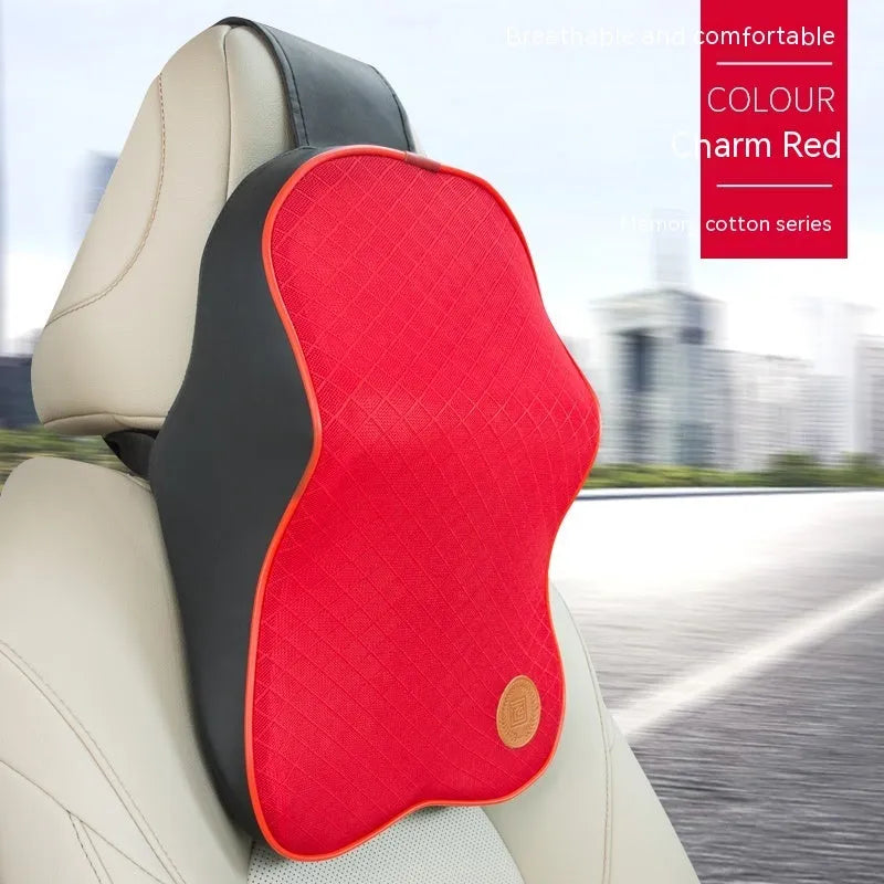 Memory foam car headrest pillow and lumbar support cushion set in various colours on a car seat.