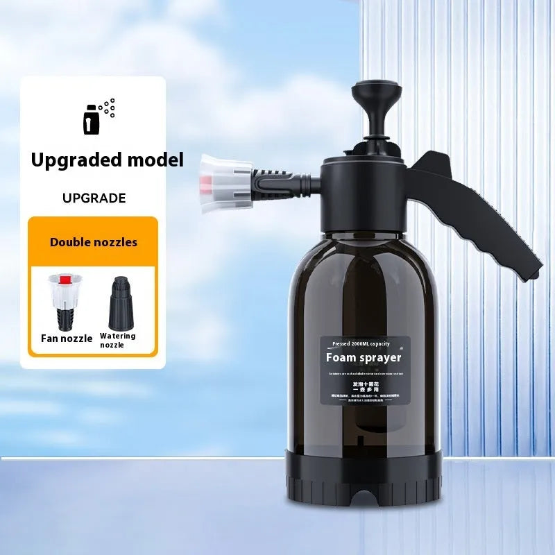 Black 2L hand-held foam sprayer watering can with ergonomic handle and two nozzles