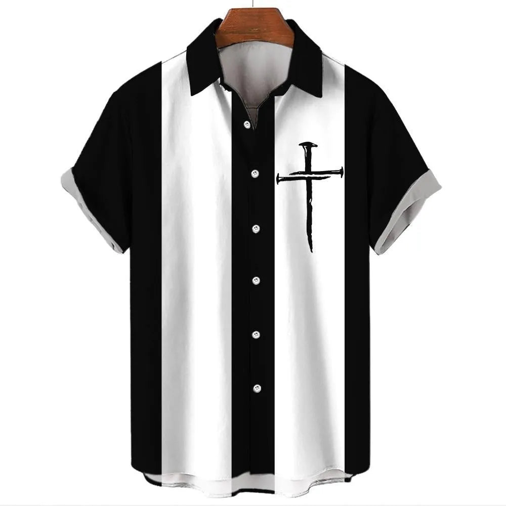 Man wearing a striped short-sleeve Hawaiian shirt made from elastic polyester fabric.
