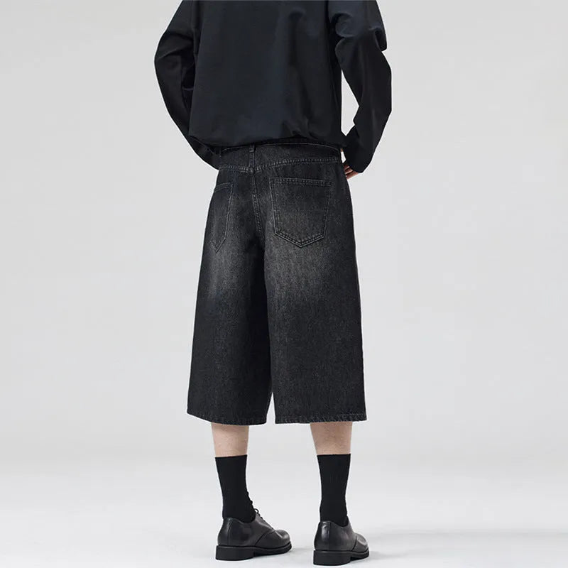 Men's light blue cotton denim loose-fit straight-leg summer shorts on a neutral background