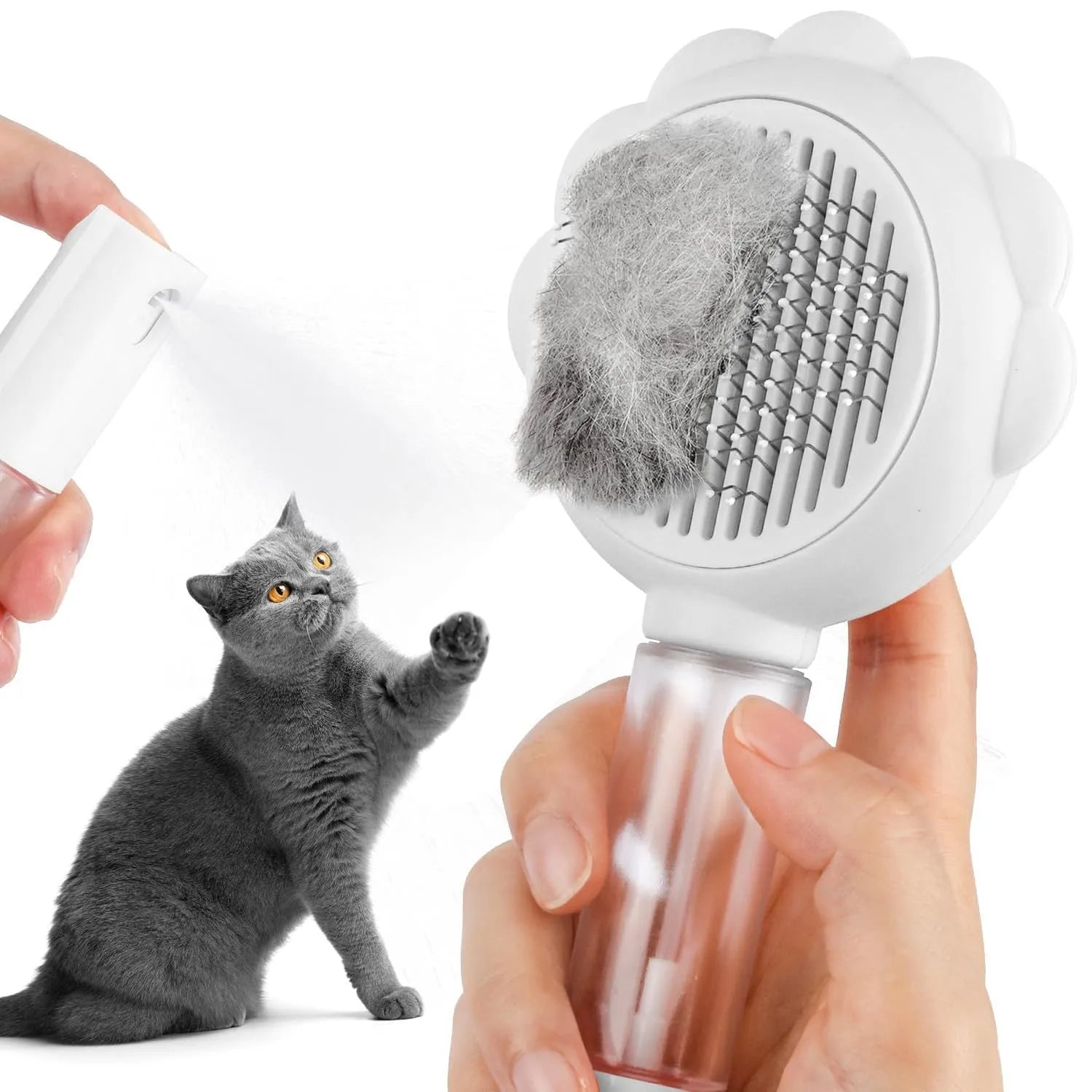Grey spray cat grooming brush with self-cleaning button and water spray function.