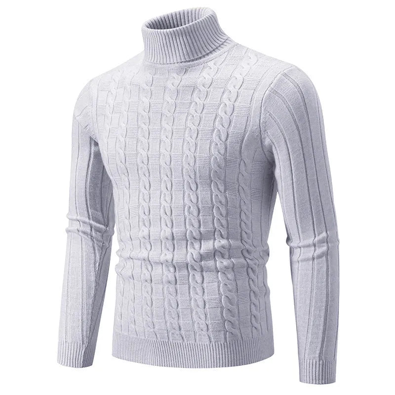 Men's slim fit chenille turtleneck pullover sweater in neutral colour on mannequin