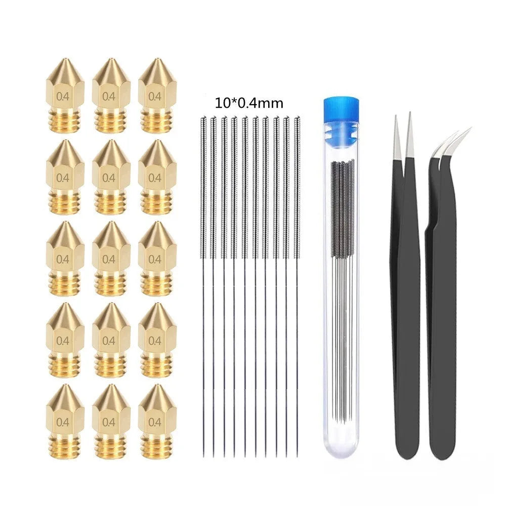 Brass MK8 nozzle kit with 0.4mm aperture and stainless steel cleaning pin for Ender 3 3D printers