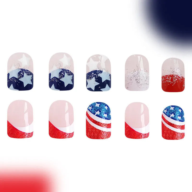 American Independence Day press-on false nails with red, white and blue star design in short square shape