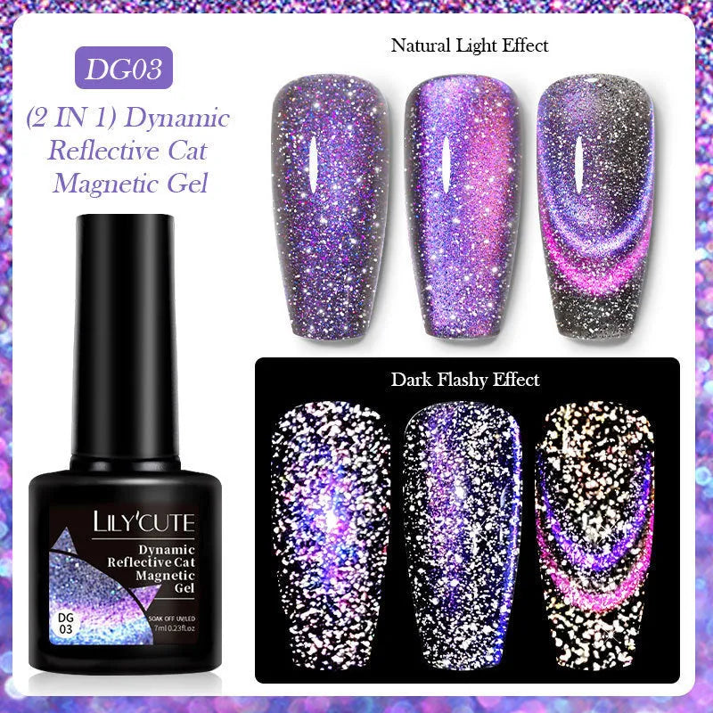Cat eye nail polish gel with glitter and diamond fragments in six colour variations numbered 01 to 06