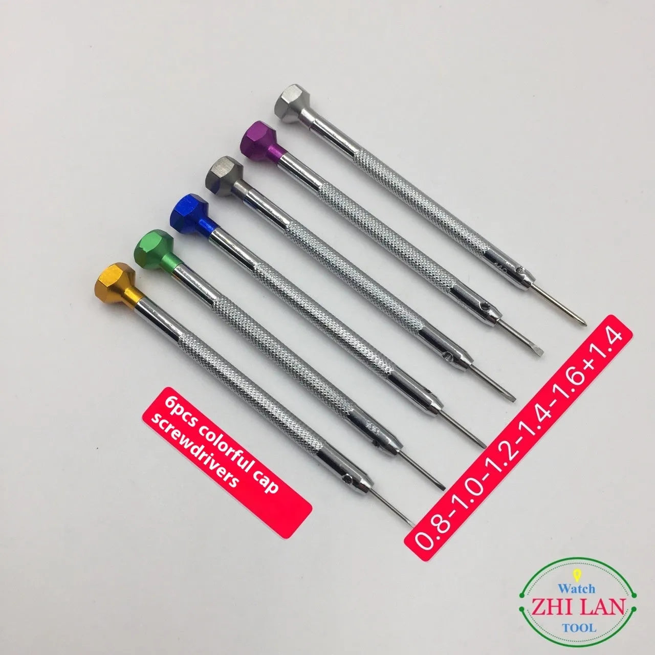 Six colour-coded watch repair screwdrivers with aluminium handles and steel cutter heads