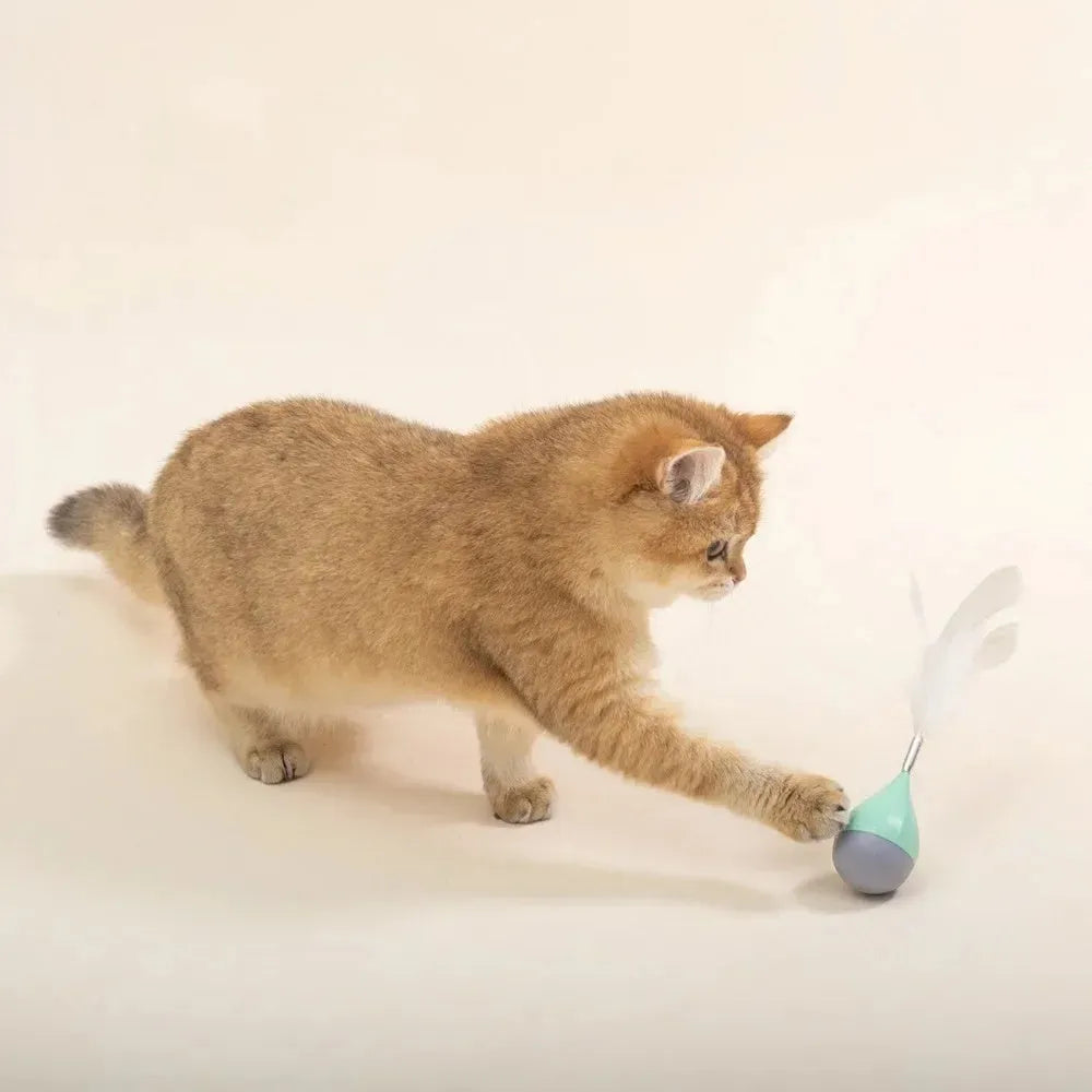 Feather tumbler cat toy with goose feather attachments on aluminium alloy rod and ABS plastic base