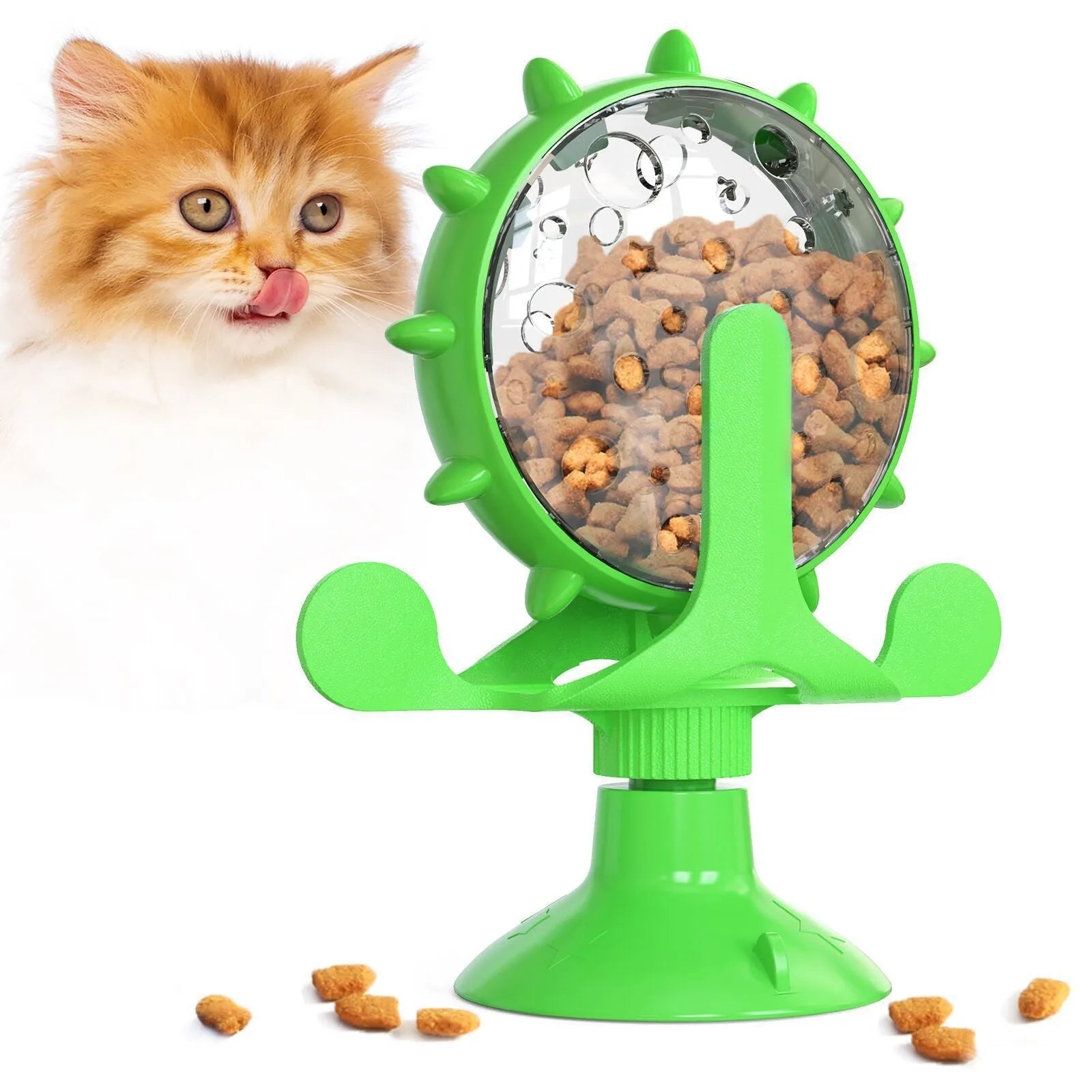 Blue interactive spinner puzzle toy for cats and dogs with suction base on a floor.