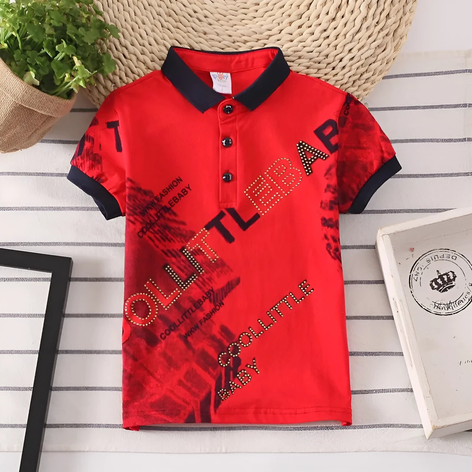 Child wearing a solid colour cotton short sleeve t-shirt with a lapel collar.