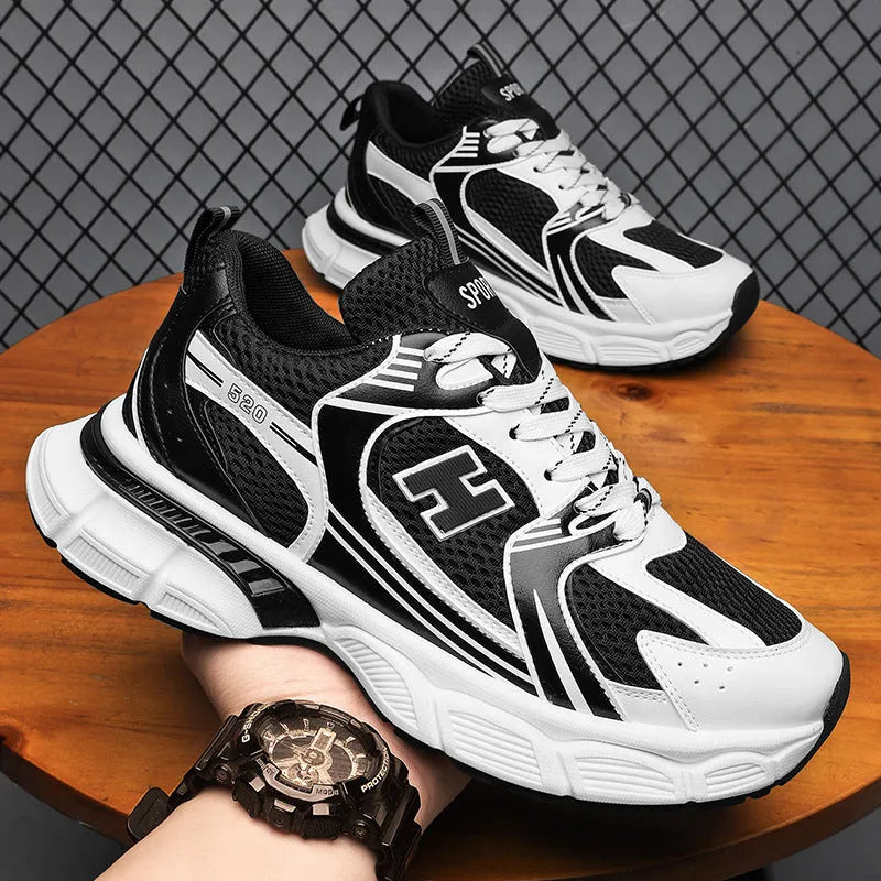 Men's mesh casual running shoes with plastic soles in black, white and gray, or white orange colours