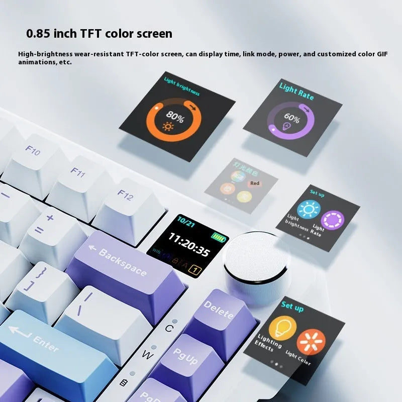 Three-mode mechanical keyboard in black, grey, or yellow with wireless connectivity and hot-swappable switches