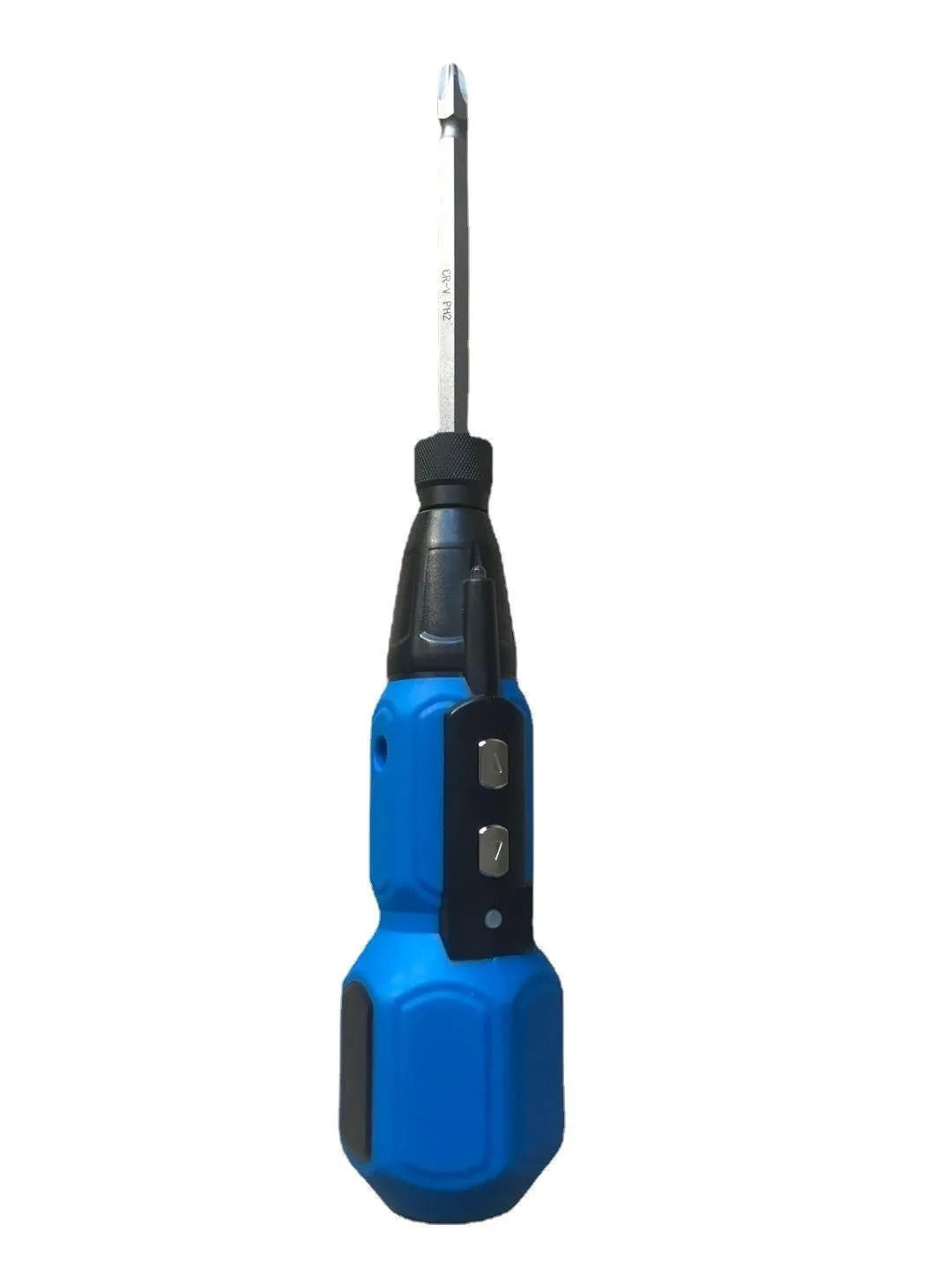 Black and blue alloy steel straight handle 36V electric screwdriver on a workbench.