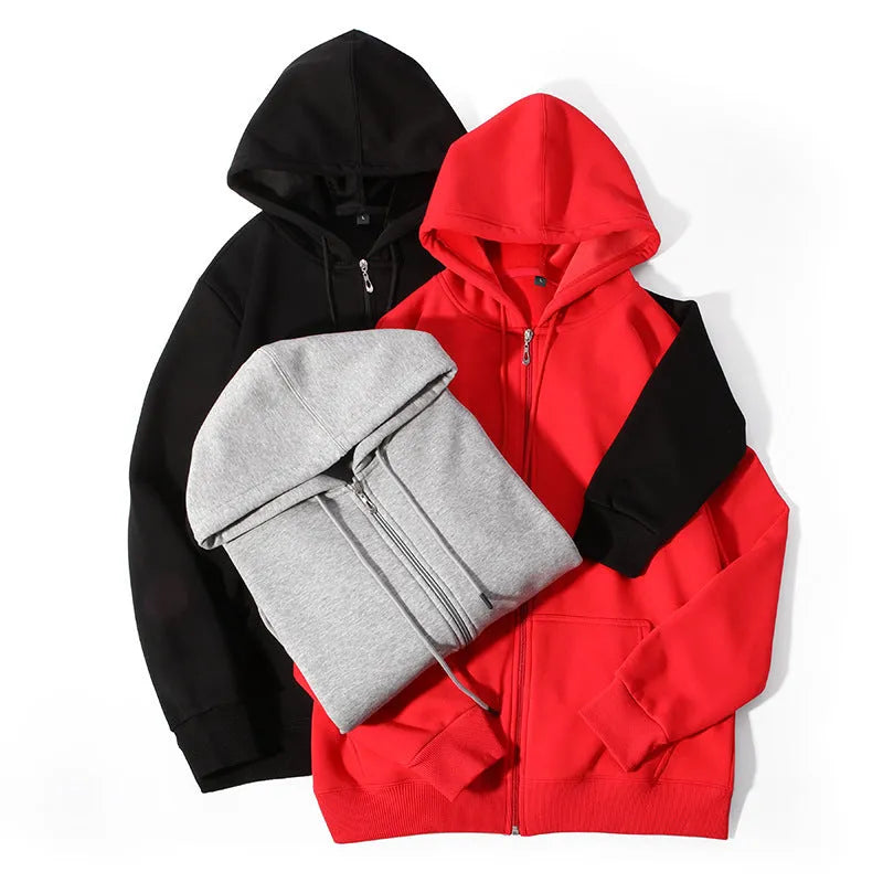 Men's heavyweight beige zip-up hooded cardigan with top-stitch pockets on a mannequin, plus size fit.