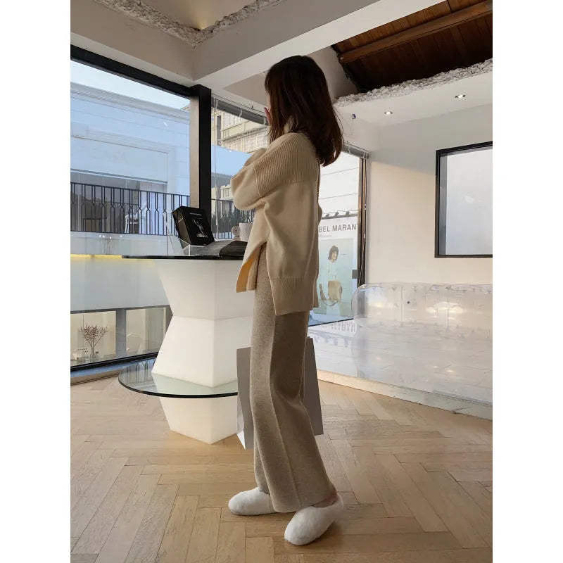 Women's cream white knitted wide-leg trousers with high waist for autumn winter wear
