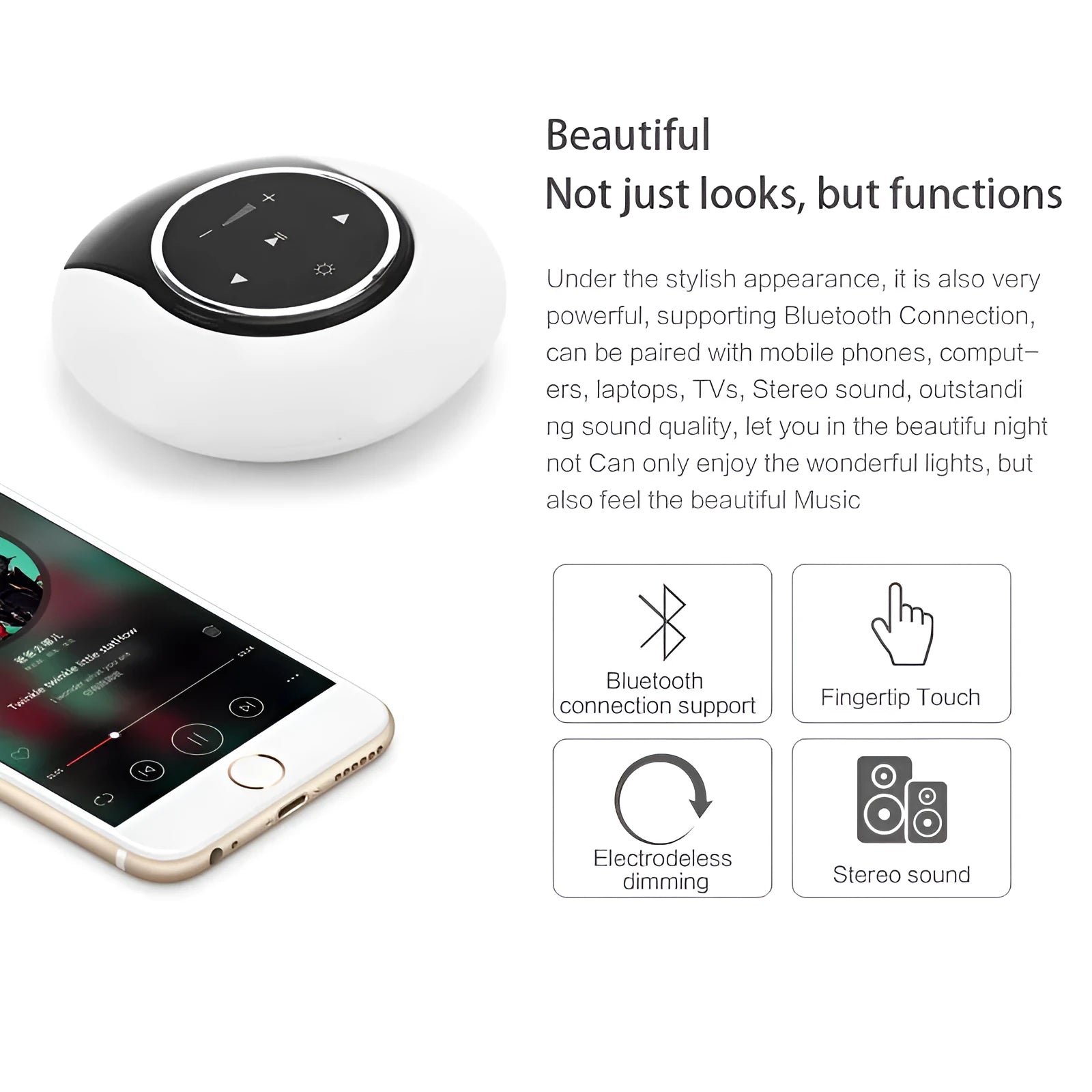 Blue Bluetooth desk lamp speaker with touch controls showing white, yellow, and blue lighting options