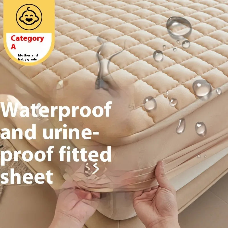 A washed cotton waterproof fitted sheet in a neutral colour, shown fitted neatly on a mattress corner.